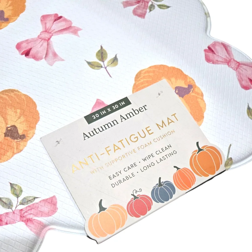 New! Autumn Themed Pumpkins & Pink Bows Scalloped Edge Foam Cushioned Mat